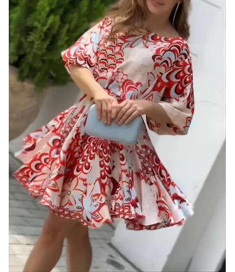 Kadın Kısa Balon Kollu Yuvarlak Yakalı Pileli Desenli Mini Elbise