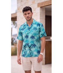 Erkek Palmiye Desenli Yarım Oversize Kısa Kollu Hawai Gömlek