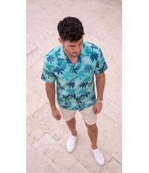 Erkek Palmiye Desenli Yarım Oversize Kısa Kollu Hawai Gömlek