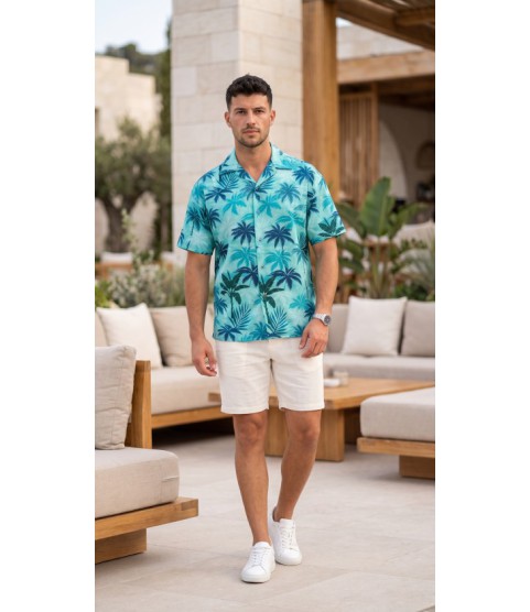 Erkek Palmiye Desenli Yarım Oversize Kısa Kollu Hawai Gömlek