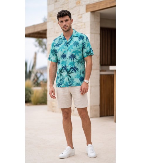 Erkek Palmiye Desenli Yarım Oversize Kısa Kollu Hawai Gömlek