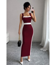 Kadın Askılı Geometrik Yakalı şerit Detaylı Uzun Dalgıç Elbise