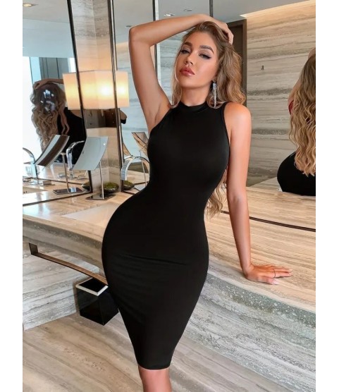 Kadın Omuzlardan Açık Bisiklet Yaka Janjan Krep Elbise