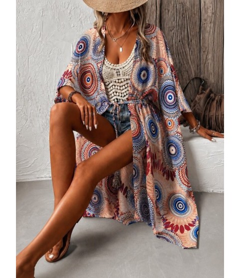 Kadın Kısa Kollu önü Açık Belden Kuşaklı Uzun Kimono
