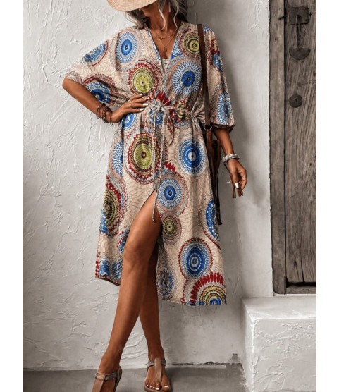 Kadın Kısa Kollu önü Açık Belden Kuşaklı Uzun Kimono