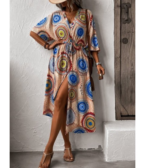 Kadın Kısa Kollu önü Açık Belden Kuşaklı Uzun Kimono