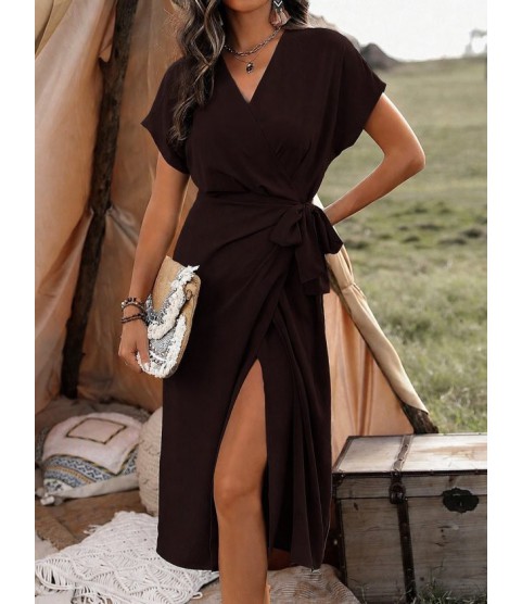 Kadın Kısa Kollu Kruvaze Yakalı Belden Kuşaklı Midi Dokuma Viskon