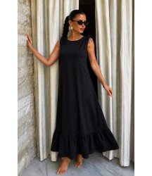 Kadın Omuzlardan Büzgülü Kayık Yaka Fırfırlı Janjan Krep Elbise