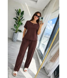 Kadın Kısa Kollu Bisiklet Yakalı Viskon Iki Iplik Bluz Ve Pantolon Ikili Takım