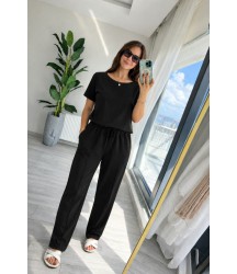 Kadın Kısa Kollu Bisiklet Yakalı Viskon Iki Iplik Bluz Ve Pantolon Ikili Takım