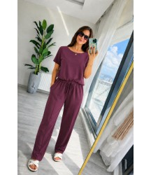 Kadın Kısa Kollu Bisiklet Yakalı Viskon Iki Iplik Bluz Ve Pantolon Ikili Takım