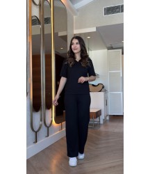 Kadın Kısa Kollu Yakalı Viskon Iki Iplik Bluz Ve Pantolon Ikili Takım