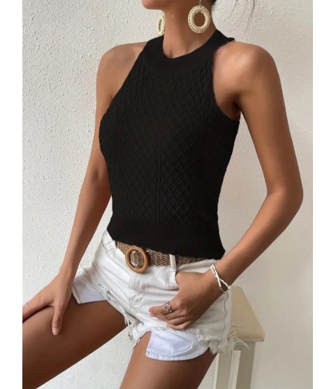 Kadın Kolsuz Halter Yaka Mini Baklava Desenli Triko Bluz Kadın Kolsuz Halter Yaka Mini Baklava Desenli Triko Bluz