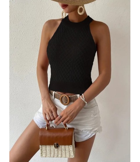 Kadın Kolsuz Halter Yaka Mini Baklava Desenli Triko Bluz Kadın Kolsuz Halter Yaka Mini Baklava Desenli Triko Bluz