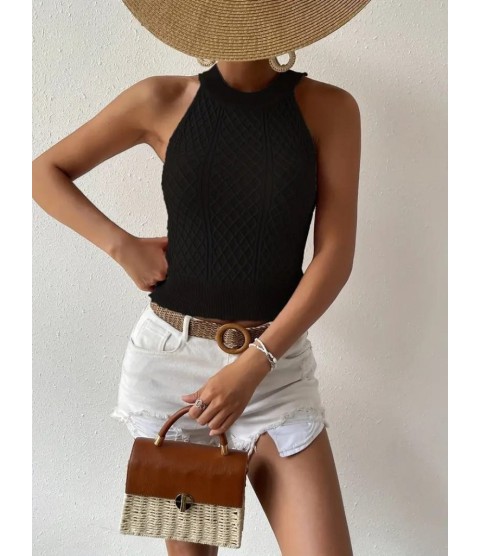 Kadın Kolsuz Halter Yaka Mini Baklava Desenli Triko Bluz Kadın Kolsuz Halter Yaka Mini Baklava Desenli Triko Bluz