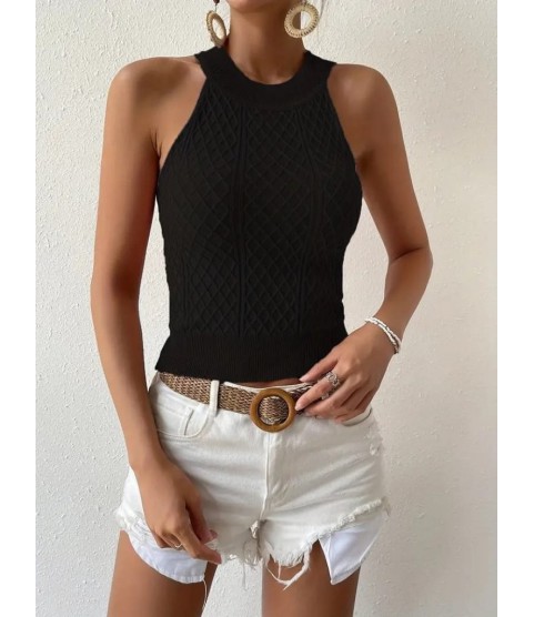 Kadın Kolsuz Halter Yaka Mini Baklava Desenli Triko Bluz Kadın Kolsuz Halter Yaka Mini Baklava Desenli Triko Bluz