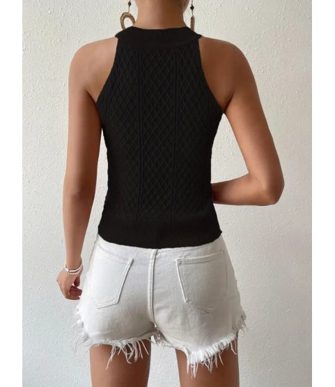 Kadın Kolsuz Halter Yaka Mini Baklava Desenli Triko Bluz Kadın Kolsuz Halter Yaka Mini Baklava Desenli Triko Bluz