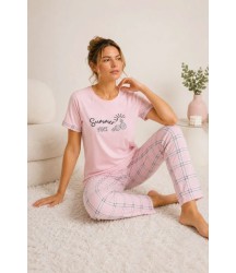 Pamuklu Penye Summer Baskılı Kısa Kollu Pijama Takımı Ekose Desenli - Pembe
