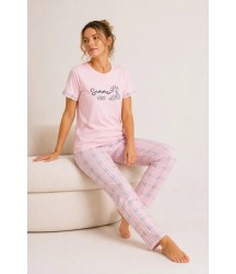 Pamuklu Penye Summer Baskılı Kısa Kollu Pijama Takımı Ekose Desenli - Pembe