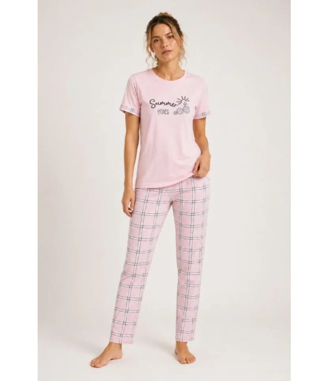 Pamuklu Penye Summer Baskılı Kısa Kollu Pijama Takımı Ekose Desenli - Pembe Pamuklu Penye Summer Baskılı Kısa Kollu Pijama Takımı Ekose Desenli - Pembe