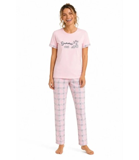 Pamuklu Penye Summer Baskılı Kısa Kollu Pijama Takımı Ekose Desenli - Pembe Pamuklu Penye Summer Baskılı Kısa Kollu Pijama Takımı Ekose Desenli - Pembe