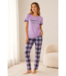 Pamuklu Penye Summer Baskılı Kısa Kollu Pijama Takımı Bisiklet Yaka Ekose Desenli - Lila
