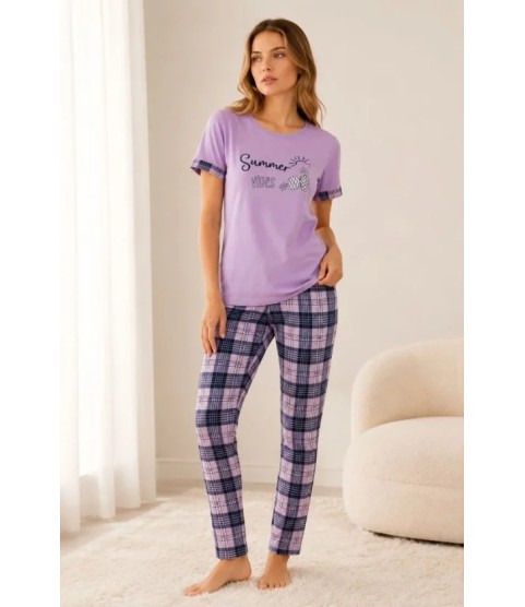 Pamuklu Penye Summer Baskılı Kısa Kollu Pijama Takımı Bisiklet Yaka Ekose Desenli - Lila