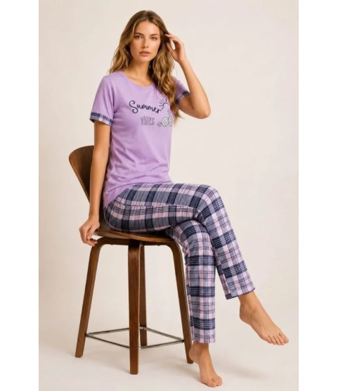 Pamuklu Penye Summer Baskılı Kısa Kollu Pijama Takımı Bisiklet Yaka Ekose Desenli - Lila Pamuklu Penye Summer Baskılı Kısa Kollu Pijama Takımı Bisiklet Yaka Ekose Desenli - Lila