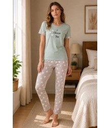 Pamuklu Penye Baskılı Kısa Kollu Bisiklet Yaka Pijama Takımı - Mint