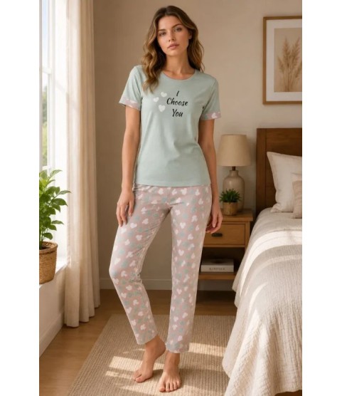 Pamuklu Penye Baskılı Kısa Kollu Bisiklet Yaka Pijama Takımı - Mint Pamuklu Penye Baskılı Kısa Kollu Bisiklet Yaka Pijama Takımı - Mint