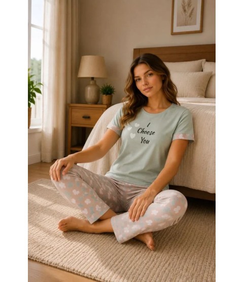 Pamuklu Penye Baskılı Kısa Kollu Bisiklet Yaka Pijama Takımı - Mint Pamuklu Penye Baskılı Kısa Kollu Bisiklet Yaka Pijama Takımı - Mint