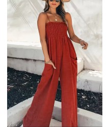 Kadın Ip Askılı Göğsü Lastik Detaylı Cepli Uzun Sofya Tulum