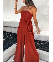 Kadın Ip Askılı Göğsü Lastik Detaylı Cepli Uzun Sofya Tulum
