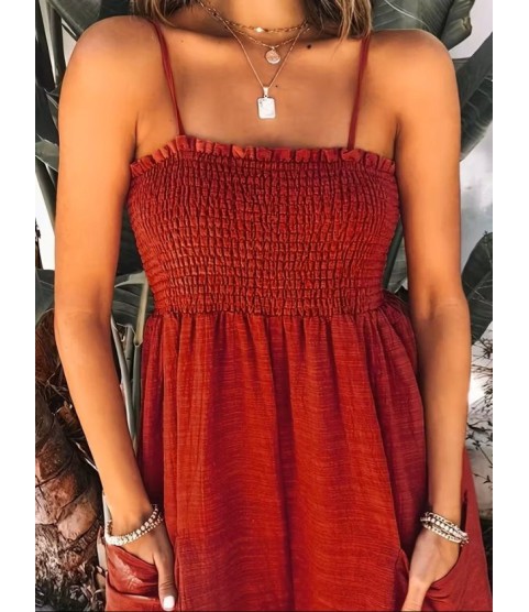 Kadın Ip Askılı Göğsü Lastik Detaylı Cepli Uzun Sofya Tulum