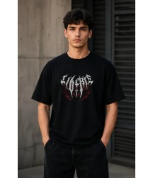 Erkek Gotik Yazı Baskılı Oversize Bisiklet Yaka T-Shirt - Siyah