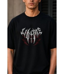 Erkek Gotik Yazı Baskılı Oversize Bisiklet Yaka T-Shirt - Siyah
