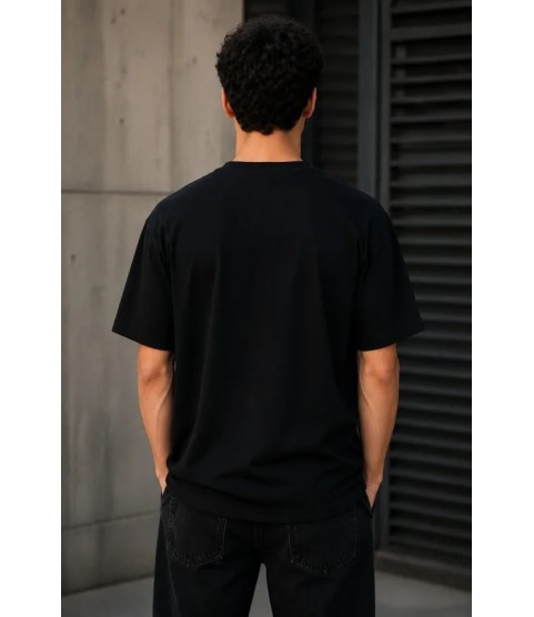 Erkek Gotik Yazı Baskılı Oversize Bisiklet Yaka T-Shirt - Siyah