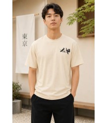 Erkek Ön Ve Arka Tokyo Kuş Çiçek Baskılı Oversize T-Shirt - Ekru