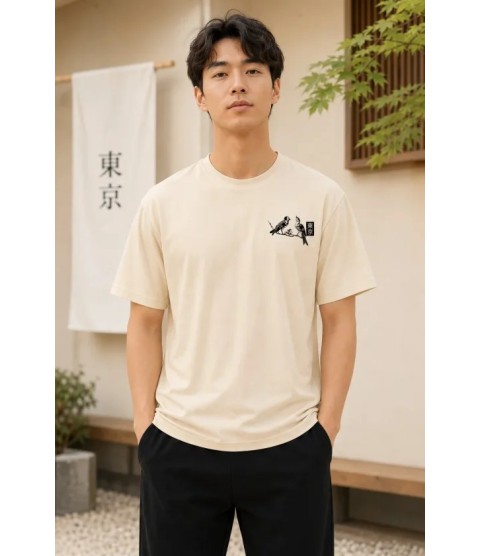 Erkek Ön Ve Arka Tokyo Kuş Çiçek Baskılı Oversize T-Shirt - Ekru
