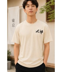 Erkek Ön Ve Arka Tokyo Kuş Çiçek Baskılı Oversize T-Shirt - Ekru