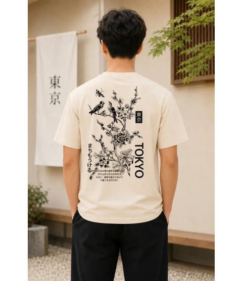 Erkek Ön Ve Arka Tokyo Kuş Çiçek Baskılı Oversize T-Shirt - Ekru