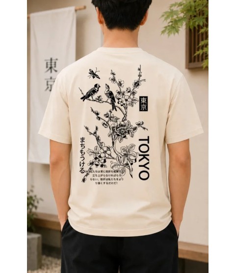 Erkek Ön Ve Arka Tokyo Kuş Çiçek Baskılı Oversize T-Shirt - Ekru