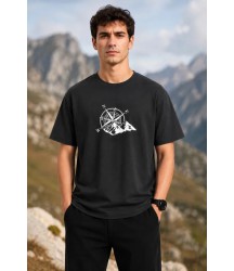Erkek Outdoor Pusula Dağ Baskılı Kısa Kollu Oversize T-Shirt - Siyah