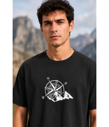 Erkek Outdoor Pusula Dağ Baskılı Kısa Kollu Oversize T-Shirt - Siyah