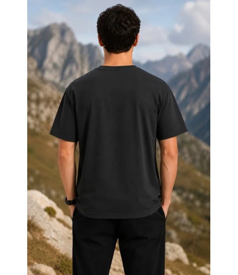 Erkek Outdoor Pusula Dağ Baskılı Kısa Kollu Oversize T-Shirt - Siyah