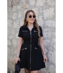 Kadın Kısa Kollı Yakalı önden Fermuarlı Ve Cepli Kısa Modal Elbise