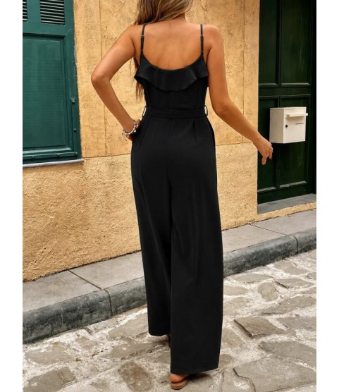 Kadın Ip Askılı V Fırfır Yakalı Beli Kuşaklı Uzun Sandy Tulum
