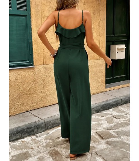 Kadın Ip Askılı V Fırfır Yakalı Beli Kuşaklı Uzun Sandy Tulum