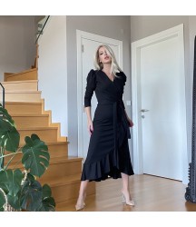 Krep Kumaş Midi Boy Kuşaklı Uzunkol Elbise 113 Cm