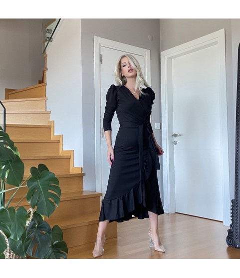 Krep Kumaş Midi Boy Kuşaklı Uzunkol Elbise 113 Cm Krep Kumaş Midi Boy Kuşaklı Uzunkol Elbise 113 Cm